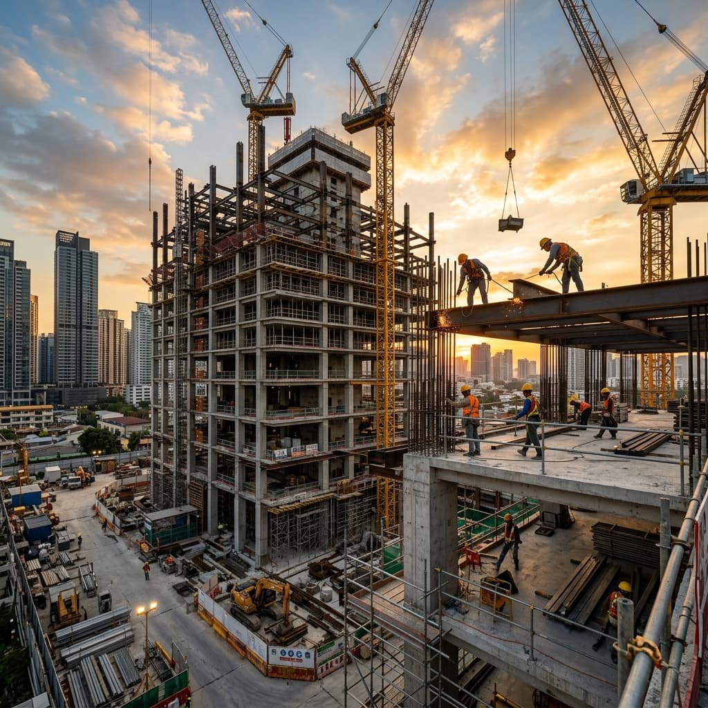 High-rise building construction with steel framework