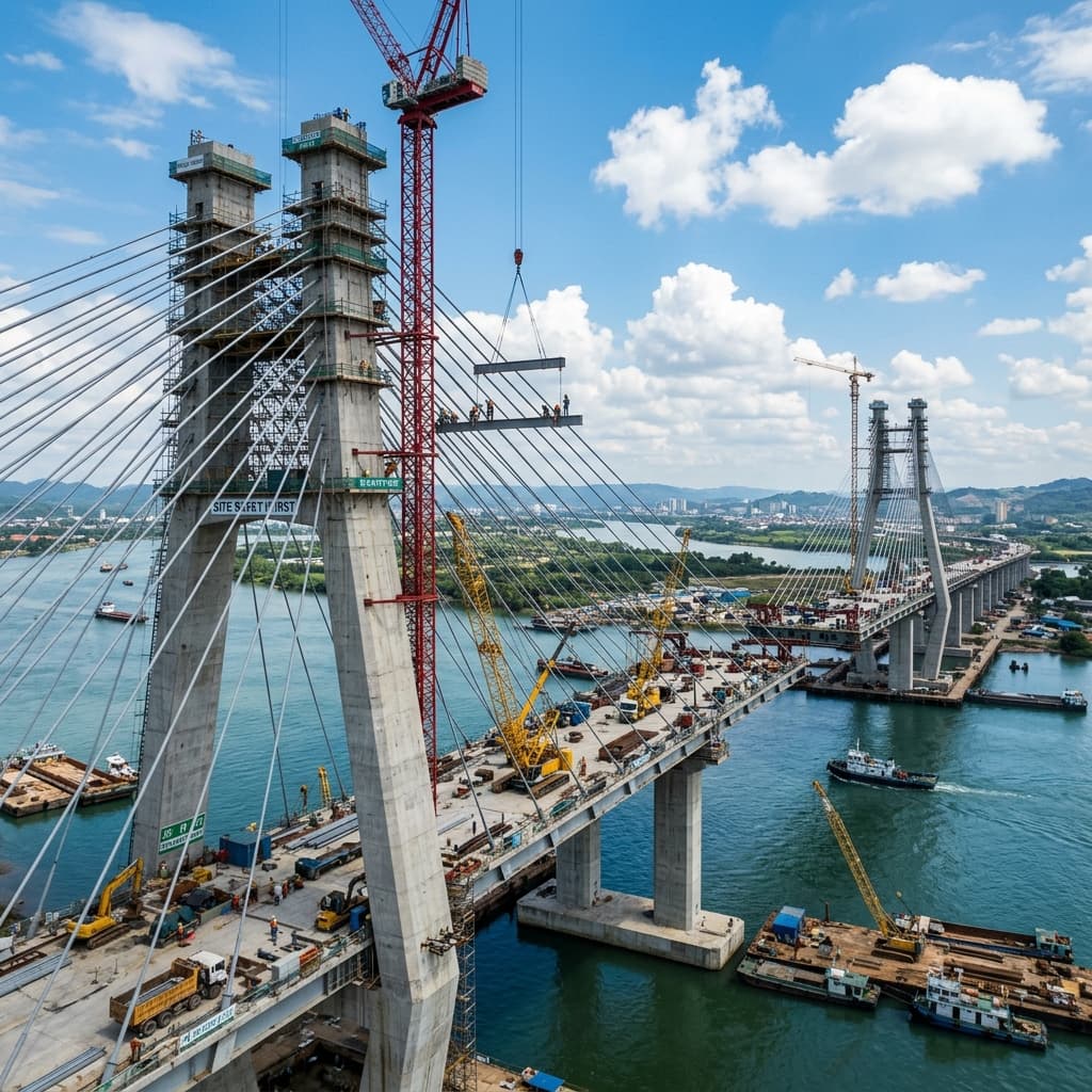 Modern bridge infrastructure construction over river